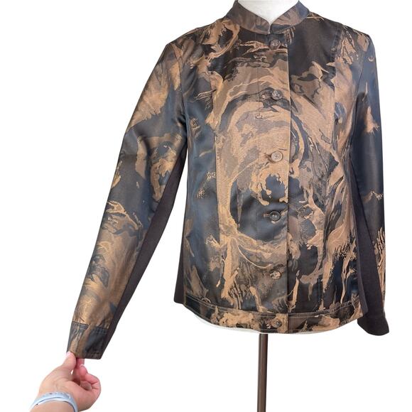 A La Carte Brown Pattern Band Collar Stretch Lightweight Button Up Jacket Pocket - Picture 7 of 12